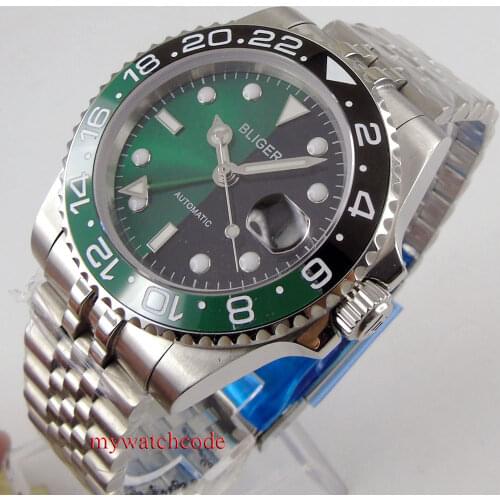 40mm black green dial luminous marks GMT function Jubilee bracelet date sapphire glass automatic mens watch