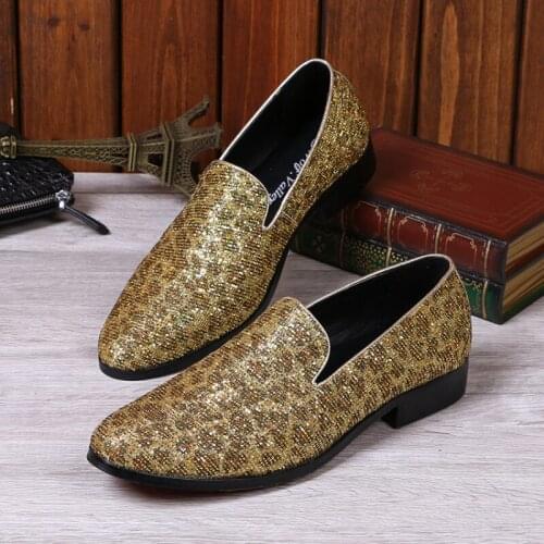 Christia Bella Golden Rhinestone Real Leather Male Flats Shoes Party Nightclub Mens Loafers Shoes Man Large Size Slip on Shoes