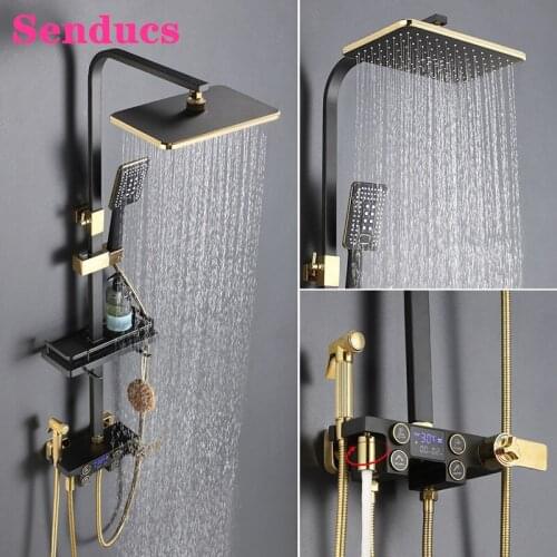 Bathroom Shower Set Black Gold Bathroom Mixer Faucet Rainfall Brass Bathtub Mixer Tap Brass Thermostatic Digital Shower Set