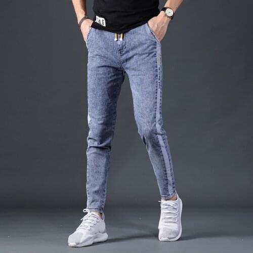 Men Side Stripe Blue Jeans Summer Straight Slim Fit Ankle-Length Pants Fashion Streetwear Elastic Waist Denim Trousers