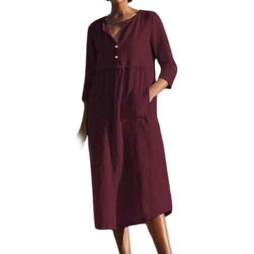 Robes Women Dresses Fashion Solid Color Half Sleeve Pockets Buttons Cotton Linen Loose Midi summer sundresses 2021 vestidos