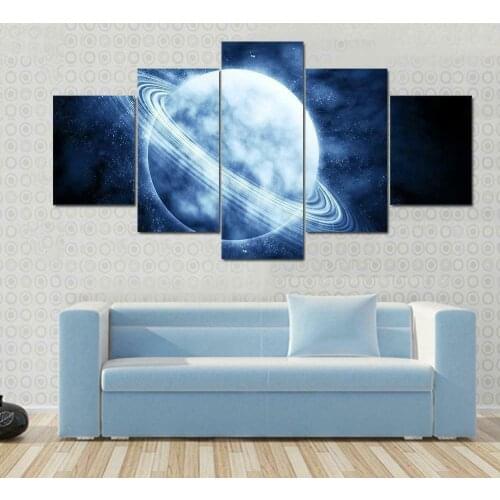 Blue Planet Universe Space 5 Panel Canvas Picture Print Wall Art Canvas Painting Wall Decor for Living Room Poster No Framed