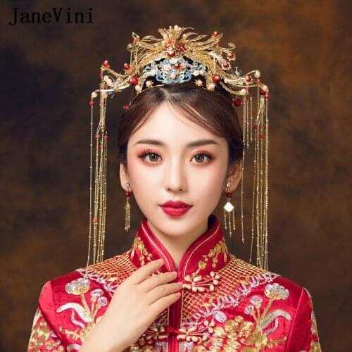 JaneVini Vintage Chinese Bridal Gold Phoenix Crown Long Tassels Ancient Brides Hairpins Beaded Wedding Jewelry Hair Accessories