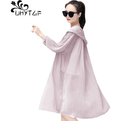 UHYTGF New fashion cardigan summer coat womens Breathable loose thin sunscreen clothing Hooded Beach Female Plus size coat 1469