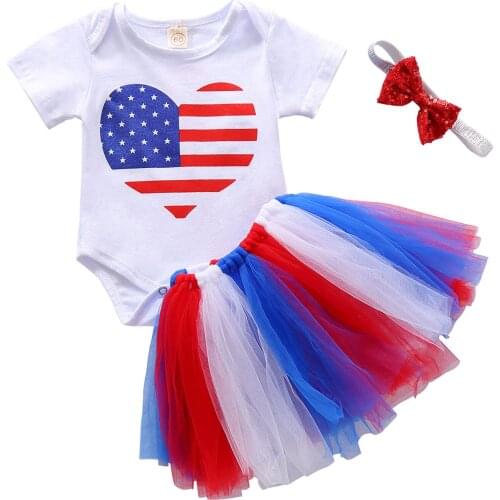 Lioraitiin 3Pcs Set 0-24M Newborn Baby Girls Independence Day Clothing Love Heart Short Sleeve Romper Skirt Sequins Headband