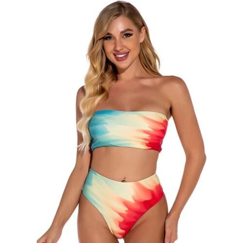 Tie Dye Print Bikini Tube Top High Waist Bikini Swimsuit Two Piece Bikini Brazilian Swimming For Women Swimwear Suit