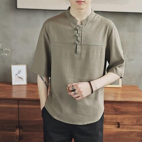 Chinese Style Button Linen T-Shirt MenS Summer Kung Fu Tang Suit Shirt Loose Large Size T-Shirt Japanese Kimono Men New KK3582