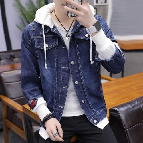 2021 spring and autumn new mens denim jacket, trend personality stitching fake two-piece embroidery casual hooded jacket
