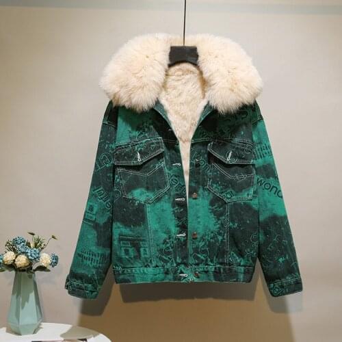 2021 new tie dyed printing denim jacket women plus fleece parka real fox fur collar detachable rabbit fur liner winter warm coat