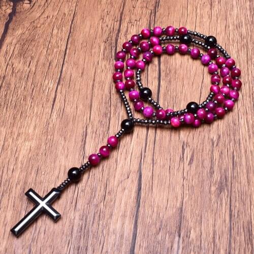 Hematite Cross Pendant Necklace Rose Red Tiger Eye Onyx Catholic Christ Rosary Necklac Natural Stone Prayer Bead Vintage Jewelry