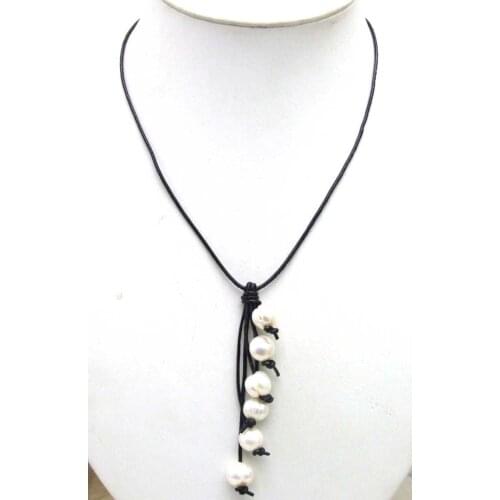 SALE 6 pieces Big 10-11mm White Natural Freshwater Pearl pendant with Black Genuine Leather 20" Necklace-5914