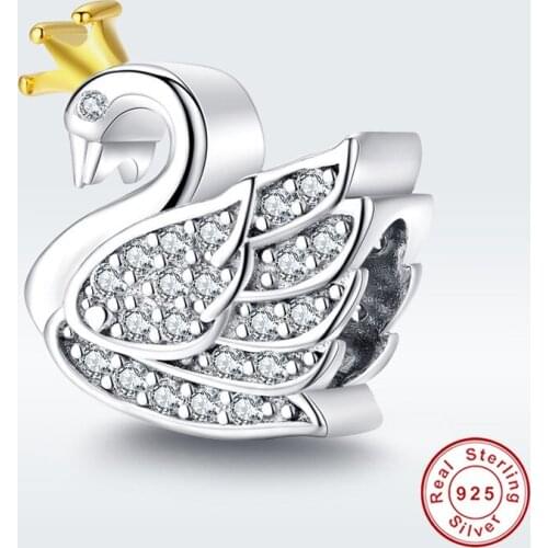 Fit Europe Bracelet Silver 925 Original diy White CZ Princess Crown Swan Beads S925 Zircon Queen Bird Charms for Jewelry Making