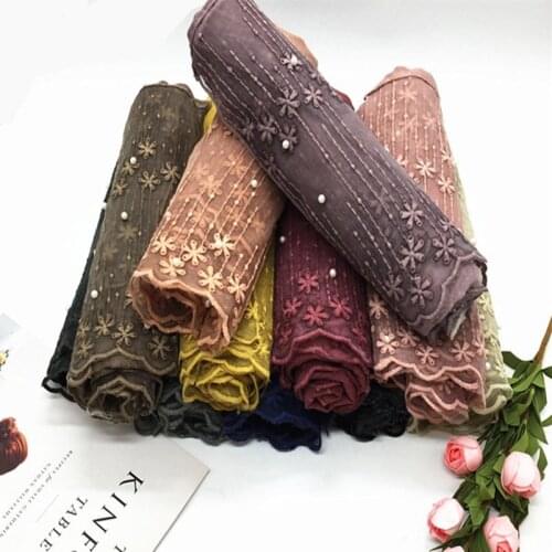 Popular Beading Lace Flower Scarf Hijab Woman Plain Maxi Shawl Wrap Fashion Lace Foulard Soft Cotton Muslim Hijabs Head Scarfs