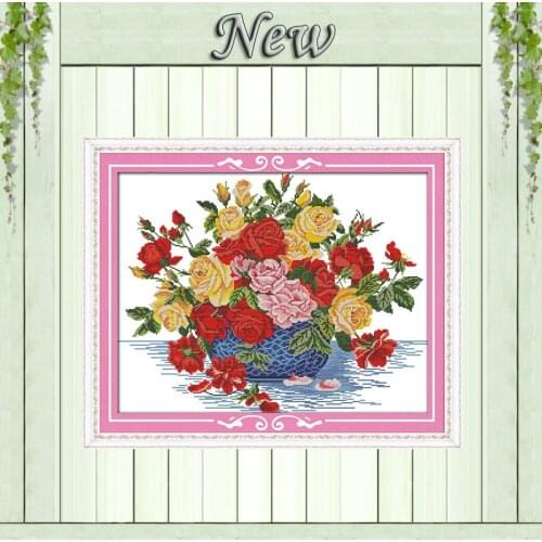 Roses in blue vase Flower,counted print on canvas DMC 11CT 14CT Cross Stitch kit,needlework embroider Set,colorful floral basket