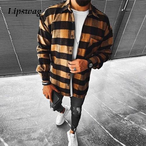 Fashion Long Sleeve Plaid Printed Shirts For Men 2021 Spring Casual Turn-down Collar Button Shirt Male Plus Size Tops Streetwear