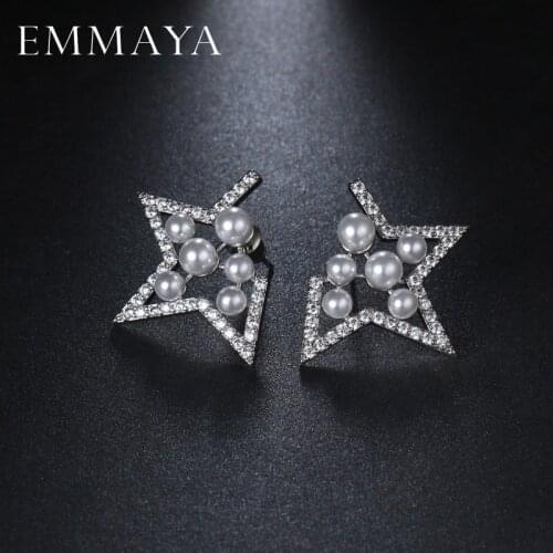 EMMAYA Cute Silver Color Star Stud Earrings Round Simulated Pearl Stud Earrings for Women Fashion New Crystal Cz Earring