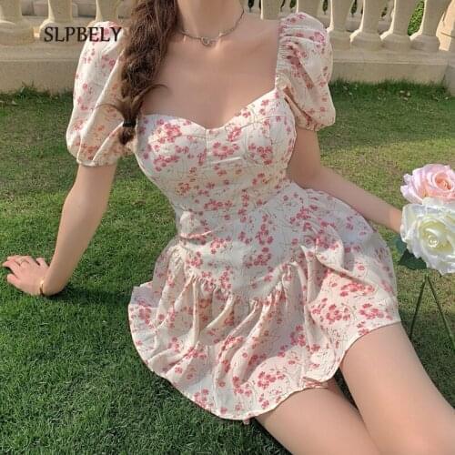 SLPBELY Sweet Mini Dress For Women Summer Flower Printed Puff Sleeve Female Mini Dress Cute Sexy Princess Dress Vestido Sundress