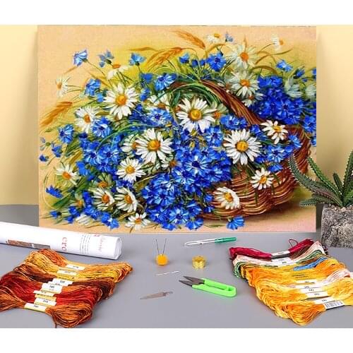 Flowers Vase Roses Printed Water-Soluble Canvas 11CT Cross-Stitch Full Kit Embroidery DMC Threads Handiwork Sewing Mulina