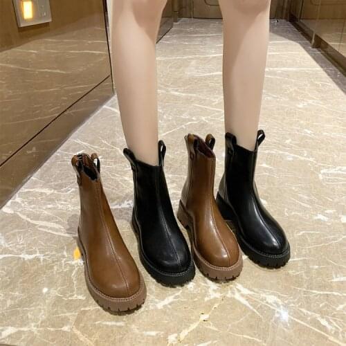 Womens boots fashion womens round head middle heel short tube rubber autumn winter PU leather zipper belt womens Boots