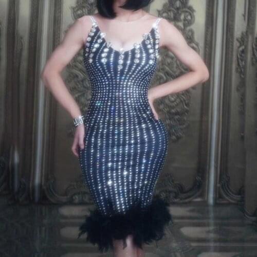 Shining Inlaid Diamonds Black Feather Women Dresses Sleeveless Nightclub Singer Dance Stage Perfotmance Costumes