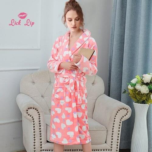 Lick Lip Autumn Multicolor Flannel Womens Bathrobe Cardigan V-Neck Long Sleeve Sleepwear Warm Comfort lHome Clothes SWD16513-30