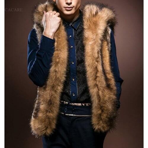 Faux Fur Vest Jacket Men Shaggy Fake Fur Hooded Coat Male Fashion England Style Jacket Windbreaker F0430 S-3XL Plus Size