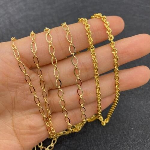 Golden Metal Handmade Chain Flat Buckle Engraving Fashion Copper Chain Necklace Bracelet Handicraft Fashion Jewelry Accessories