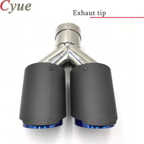 1 Piece Universal Dual Tail pipes Exhaust Tip Carbon Fiber + Blue End Muffler Pipe