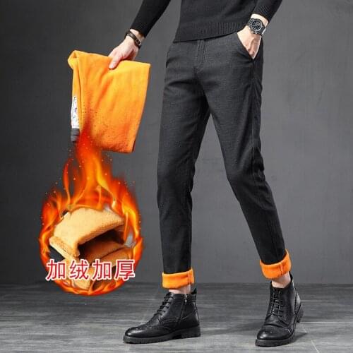 Winter Warm Fleece Mens Casual Pants Mens High Quality Business Trousers Straight Slim Fit Thick Work Pants Male
