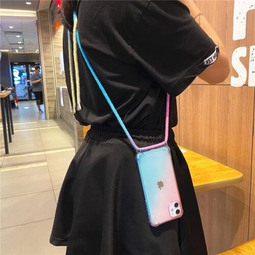 Necklace Lanyard Rainbow Gradient Phone Case For iPhone 12 11 Pro XS Max XR X 7 Plus 8 6 6S SE Soft Airbag Back Cover