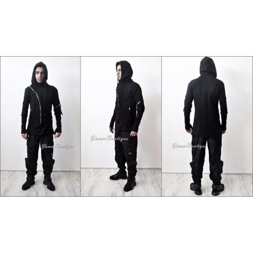 Mens Asymmetrical Hi Tech Cut Zipper Sleeve Hooded Full Jacket Voth Hoodie / Fleece Pullover Black Hoodie ThumsHole