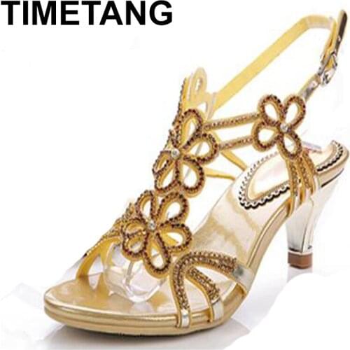 TIMETANG2021 Summer New Arrival Mountain Crystal Kitten Heel Sandals Fashion Women Cutout Rome Style Big Size 42 43 Sexy Sandals