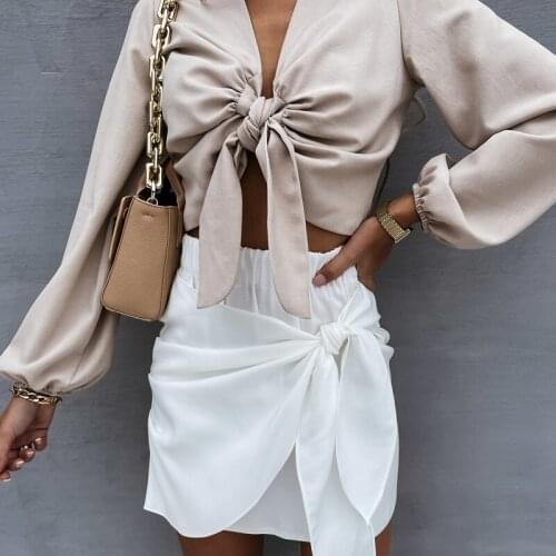 Women Summer Miniskirt Solid Color Elastic Middle-Waist Knotted Strappy Short Skirt for Girls White/Khaki/Green