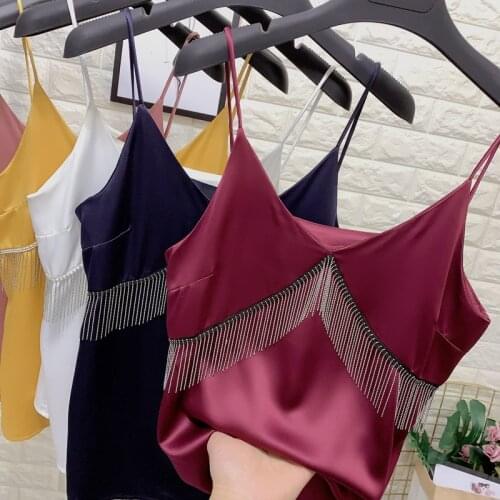 Fashion V-neck Tassel Silk Satin Sling Camis Womens Summer OuterWear Loose Sleeveless Tops Sexy inner match tank top
