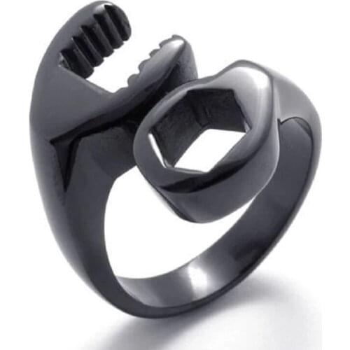 Mens Cool Black Stainless Steel Wrench Spanner Finger Ring Mens Jewelry