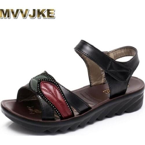 MVVJKELadies Hoop Loop Classure Faux Diamond Leaf Genuine Real Leather Open Toe Plus Size(4-10)thick Wedges Low Heels Women Sand