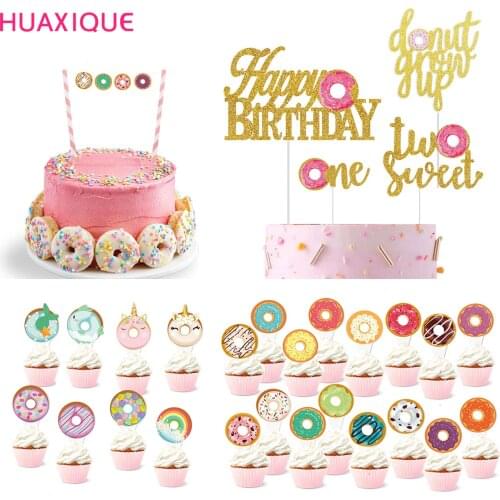 One TWO Year Old Happy Birthday Glitter Gold Donut Grow UP Cake Topper Sweet Doughnuts Cake Toppers Baby Shower Party Supplies