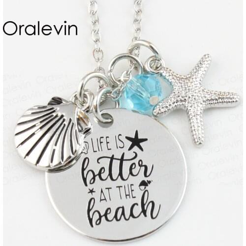 Wholesale LIFE IS BETTER AT THE BEACH Engraved Disc Pendant Charms Necklace Lover Gift Jewelry ,22MM,10Pcs/Lot,#LN125