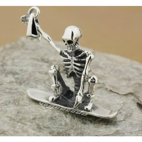 925 Sterling Silver Sky Surfing Surf Skull Skeleton Mans Biker Pendant 8B018