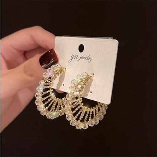 Korean New Fashion Rhinestone Hoop Earrings Shine Crystal Hollow Gold Color Round Circle Earring For Women Wedding Jewelry Gift