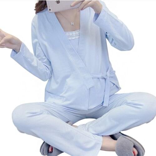 Spring and autumn new solid color maternity home service pure cotton three-piece suit confinement clothing