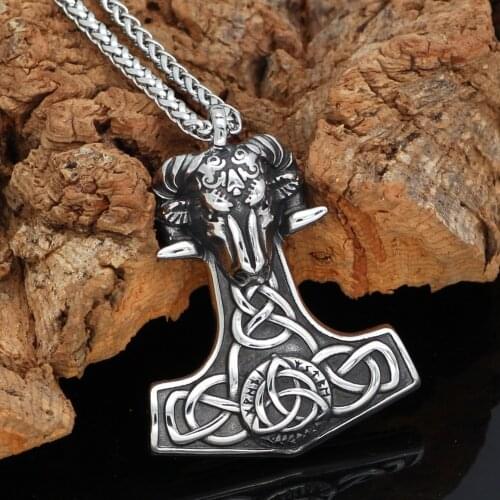 Viking 316L Stainless steel Thor Hammer Mjolnir Goat rune Amulet Pendant Necklace