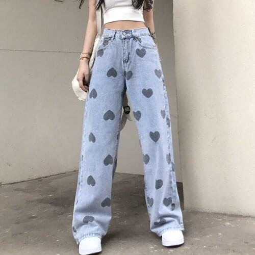 WomenS Stretch High Waist Trousers Fashion Street Jeans Heart-Shaped Print Trousers Casual Harajuku Jeans Straight-Leg Pants