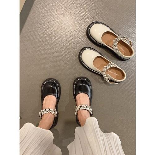 Womens Shoes Leather Shoes Autumn 2021 New Fashion Thick-soled Non-slip Beaded Mary Jane Mid-heel Shoes