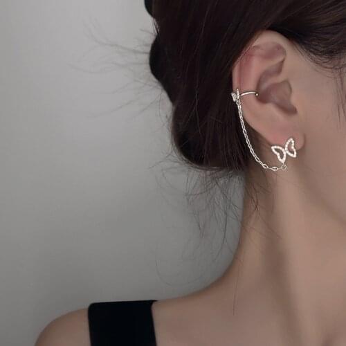 KISSLOVE 1 PCS Crystal Butterfly Tassel Ear Cuff Women Clip Earrings No Piercing Fashion Jewelry Prevent Allergy