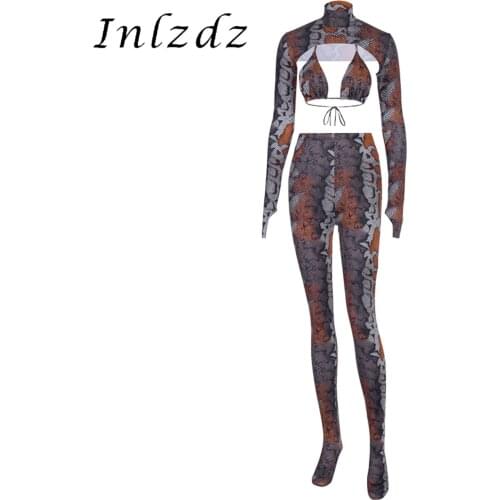 Womens Rave Costume Snakeskin Printed Three-piece Suit High Neck Long Sleeve Crop Top with Lace-up Bra Pantyhose Leggings
