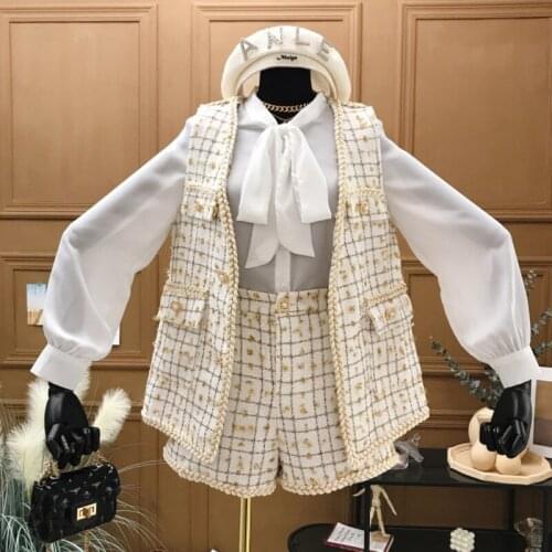 Small Fragrance Tweed Two Piece Set Women Vest Jacket Coat + High Waist Shorts Sets High Quality Korean Sweet 2 Piece Pant Suits