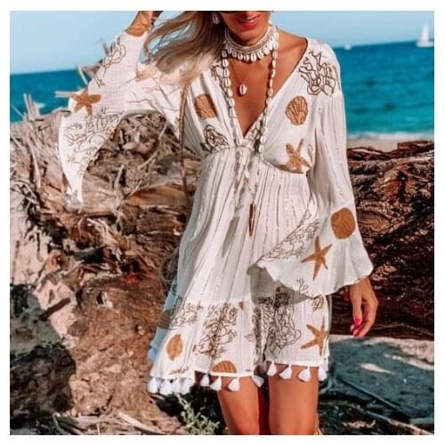 Sexy V Neck Bikini Cover Up Beach Dress Long Sleeve Tassel Mini Dresses Women Swimsuit Beachwear Beach Tunics Robe De Plage