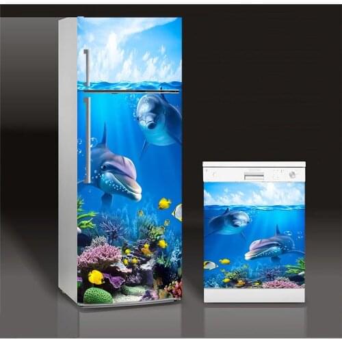 3D Fridge Sticker Undersea Dophins Refrigerator Dishwasher Door Cover Kitchen Home Decoration Accessories Wall Stickers