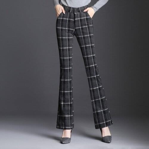 Large Size 9XL Striped Plaid Women Flare Pants High Waist Autumn Winter Elastic Waist Full Length Trousers Lady Wool Pants New